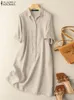 ZANZEA Women Vintage Summer Lapel Neck Shirt Dress Short Sleeve Casual Beach Midi Sundress Solid Buttons Holiday Cotton Vestidos 240423