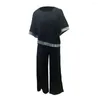 Tweede stuk broek Zomeroutfit voor dames Set Shiny Pargin Bat Sleeve Top Wide Been Trousers Casual Daily met onregelmatige blouse -elastiek