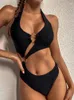 Women's Swimwear Cut Out Metal Rings One Piece Swimsuit Women Female Cross Back High Leg Bather Bathing Suit Swim