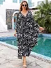 Sexy v halsfarben gefärbt gedruckt Kaftan Chiffon Badeanzug Decken Sie 2024 Sommer -Leichtgewicht -Outfit Maxi Kleid Q1578