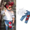 衣料品セット幼児春の女の子レースソリッドカラートップエラスティック刺繍リッピングジーンズのカジュアルスーツ双子のイースター服のサンドレス