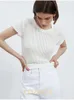Kozoca 100% Wool Chic White Elegant Striped See Through Women Tops Outfits Short Sleeve T-Shirts Tees Skinny Club Party Clothes 240430