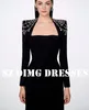 Robes de fête OIMG Design Longueur Longueur strass de sol Prom Saudi Arabe Femmes Satin Sirène Black Robes de soirée Robe Forme