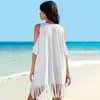 Women Beach Wear Summer Beach Bikini Cover Up Women White Off Shoulder Kafan Sarong Loose Tops Casual Fringed Shirt Swimwear Beachwear d240501