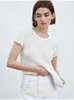 Kozoca 100% Wool Chic White Elegant Striped See Through Women Tops Outfits Short Sleeve T-Shirts Tees Skinny Club Party Clothes 240430