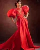 Robes de fête 2024 Plus taille rouge aso ebi bal sirène sirène manches gonflées avec des femmes en train