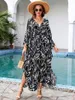 Sexy v halsfarben gefärbt gedruckt Kaftan Chiffon Badeanzug Decken Sie 2024 Sommer -Leichtgewicht -Outfit Maxi Kleid Q1578