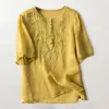Women's Blouses Retro Loose Design Embroidery Round Neck Thin Cotton Linen Top Crop Lace Womens Shirt