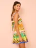 2024 Summer New Fashion Beer Pear Fruit Print Sling Dress Sexy Back Hollow Bow Tie Mini Dress Women's Sexy Vacation Beach Skirt