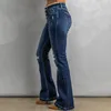 Frauenhose große Slim-Jeans mit mittleren T-Taste gewaschen und ausgefranste Hose mit weitem Bein