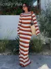 Fashion Knited Crochet Stripe Vestido maxi Mujeres Elegantes Vestidos de manga de cuerno Playa Femenina de vacaciones