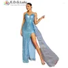 Robes décontractées Edglulu Blue Sequin Patchwork Mesh Robe de soirée Elegant Women Spaghetti Souffle sans manches V-Neck High Slit Party Long 0330