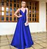 Feestjurken Janevini Sexy Royal Blue Long Prom 2024 Deep V-Neck Backless Dames Gala-jurken Satijn Spaghetti Banden Formele kleding