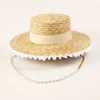 Cappelli larghi da donna Summer Hat Hat Lace Flower Straw con lunghi perle in metallo oro a catena a catena a catena Sun Beach Party