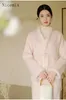 Robes de travail de style chinois ensemble hiver rétro rose rose doux cachemire haut de gamme cachemire double facette en laine à moitié jupe en deux pièces