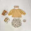 Kleidungssets 2024 Frühling Baby Girl Langarm Kleidung Set Baumwollkind Süßes feste Tops Blumendruck Shorts 2pcs Anzug Kleinkind Outfits