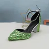 Sandals Light Green Crystal Summer Ankle Strap Fashion Wedding Shoes Woman Pointed Toe High Thick Heel Buckle 2024