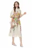 Women's Runway Dresses Stand Collar Half Sleeves Floral Printed Casual Vestidos with Belt