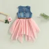 Kız Elbiseler 2024 2-7y Toddler kızlar yaz patchwork elbise kolsuz o boyun düğmesi örgü denim kemer