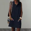 Robes décontractées Collier Robe élégante Mini avec poches pour les femmes Porte sans manches en vrac en vrac sans manches