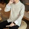 Camisas casuales para hombres manga larga bordado de lino de algodón tradicional traje de lino de algodón cárdigan estilo chino blusas retro