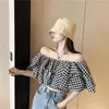 Frauenblusen Kimotimo One Schulter gekräuseltes kariertes Shirt Hemd Frauen 2024 Sommer sexy hohe Taille Schlanker Fit Y2K Tops Korean Mujer Mode