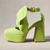 Sandals Pink/green Suede Round Toe Bow Heels Ankle Strap Platform Buckle Fashion Block Heel Women Summer Sweet Casual Dress Shoe