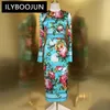 Ilyboojun Modedesigner Frühling Seidenstifte Kleid Frauen O-Neck Langarm Blumendruck Elegante Partykleider 240429