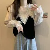 Damskie bluzki damskie wierzchołki koreańsko elegancka słodka koronkowa patchworka swobodne luźne długie rękaw teksturowane wiosenne jesienne