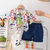 Kledingsets Three Pally Set/Boys 2024 Summer Fashion Full Print Geroolde puppy shirt Solid Color Jeans