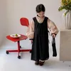 Kleidungssets Kinder Mädchen Kleid 2024 Frühling koreanischer Stil Spitzenkragen Puffy Sleeve Shirt Solid Color Casual Zweiteiler Set