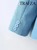 Ternos femininos Trafza Blazer causal 2024 Spring Jenim azul solto Logo Bolto de botão único Mangas compridas Lapela Street Casacos
