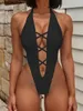 Frauen Badebekleidung 2024 Deep v Hals Kreuzrückenless Frauen ein Stück Badeanzug Frauen Hochbein geschnitten Monokini Thong Badeanzug Schwimmbody