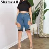 Plus taille Street Punk Hollow Stretchy Shorts 4xl Femmes Summer Belt Stiching Hole Ripped High Wist Party Club Short Denim Jeans 240420