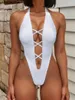 Frauen Badebekleidung 2024 Deep v Hals Kreuzrückenless Frauen ein Stück Badeanzug Frauen Hochbein geschnitten Monokini Thong Badeanzug Schwimmbody