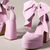Sandals Pink/green Suede Round Toe Bow Heels Ankle Strap Platform Buckle Fashion Block Heel Women Summer Sweet Casual Dress Shoe