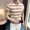Summer Mens Classic Striped Polo Mens Cotton Short Sleeve brodered Business Casual Polo Shirt Mens S-4XL 240426