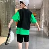 Kinderkleding Boy Contrast Sleeve nep Twee stukken T -shirt shorts 2 Set Teenage Summer Street Wear Letter Tracksuit 240428