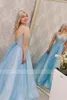 Party Dresses V-Neck Spaghetti Straps Pocket Lace Up Blue Sparkle Tulle A-Line Prom Evening Gowns Vestido Formatura Longo