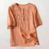 Women's Blouses Retro Loose Design Embroidery Round Neck Thin Cotton Linen Top Crop Lace Womens Shirt