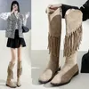 Boots Bohemian Style Ladies Tassel 2024 Winter Warm Feminino Knee High Confortável Camurça Baixa Camurça Zapatos Mujer