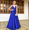 Feestjurken Janevini Sexy Royal Blue Long Prom 2024 Deep V-Neck Backless Dames Gala-jurken Satijn Spaghetti Banden Formele kleding