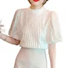 Bluzki damskie Summer Women White Lace Hafdery Vintage OLE OL Work Casual Tops Eleganckie puff Short Sweeve Sweet Shirt 2024