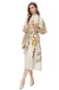 Women's Runway Dresses Stand Collar Half Sleeves Floral Printed Casual Vestidos with Belt