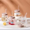 Wijnglazen 1 pc 500 ml cartoonbeerglasbeker met deksel en stro hoog borosilicaat Watermokgreep Iced Coffee Cups Drinking