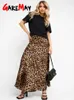 Röcke Leopard Print Maxirock A-Line Damens Sommer Satin Long taillierter elegantes Vintage Slim Office Seide 2024