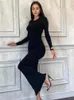 Lässige Kleider Yuzhexi Frauen Vollhülse Körperkon Basic Robe Schwarz grau braun langen Streetwear