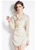 Sukienki swobodne 2024 Spring Summer Solid Asymetryczna krótka sukienka dla kobiet długie rękaw Odrzuć kołnierz vintage beżową koszulę mini vestidos