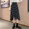 Jupes pour femmes Preppy Style haute taille A-Line Plaid jupe mode automne vêtements féminins bouton de maillage chic épissé Midi irrégulier