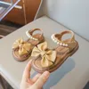 Summer Kids Sandals for Girls Elegant Pearl Bowknot Fashion Versatile Sweet Children Causal Party Wedding Flats Beach Shoes 240430